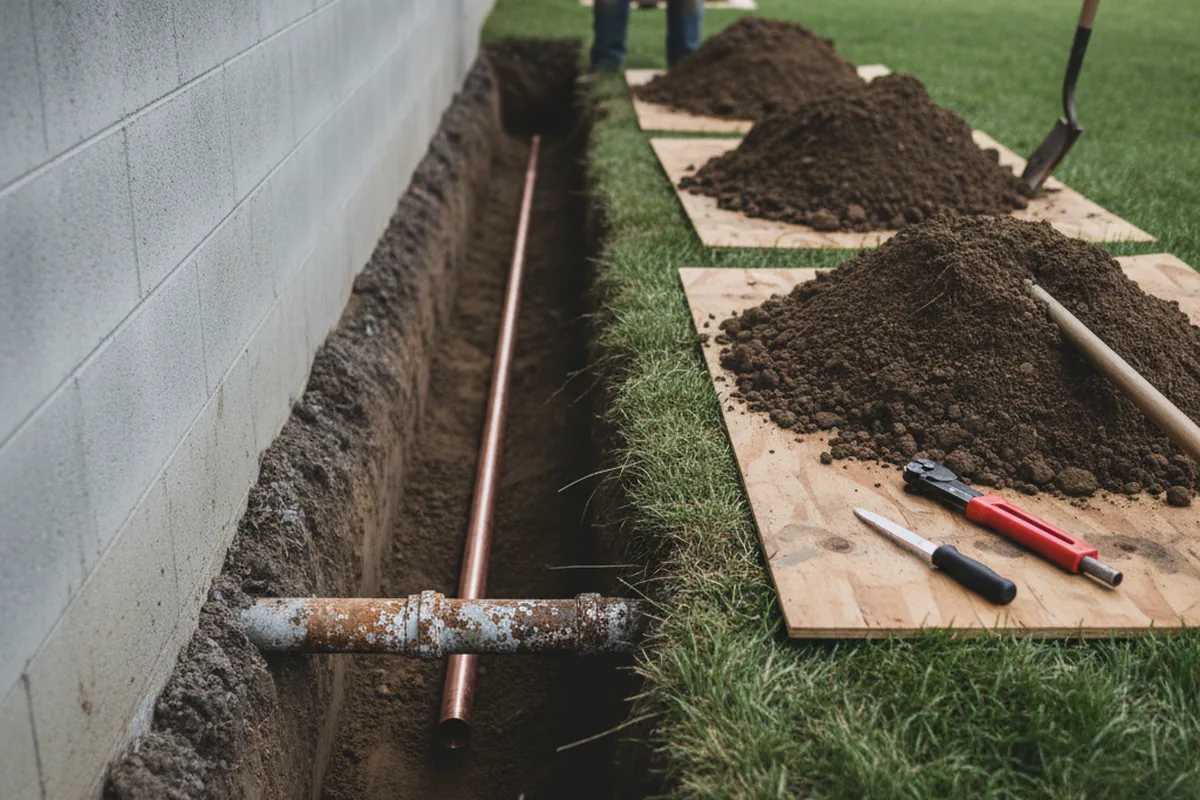 Excavated water line trench during Water Heater Repair in Salome